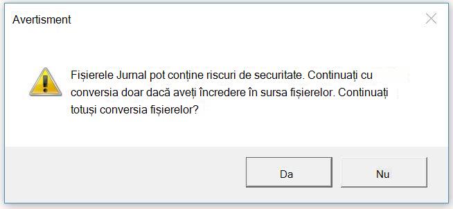 Captură de ecran a avertismentului