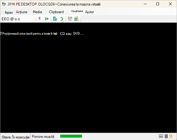 A screenshot of a Virtual Machine Connection with white text on a black screen that reads Press any key to boot from CD or DVD.