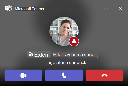 Captură de ecran a unui apel suspect de înșelătorie în Microsoft Teams.