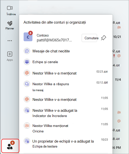 Captură de ecran afișând activitatea Teams în mai multe conturi și organizații.