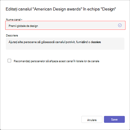 Captură de ecran a ferestrei pentru editarea numelui unui canal, a descrierii și a setărilor de vizibilitate. Tastați numele nou al canalului sub Nume canal.