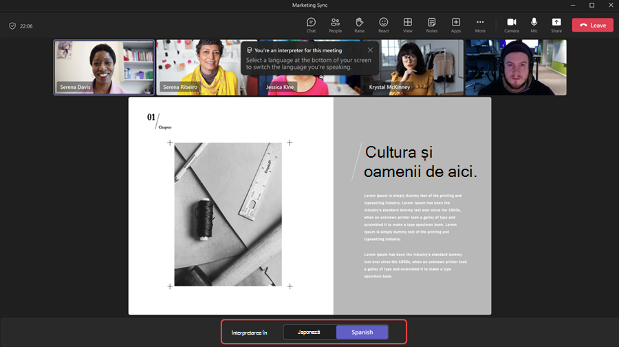 Un ecran de conferință video afișează patru participanți, cu opțiunea de interpret, și text despre cultură și oameni.