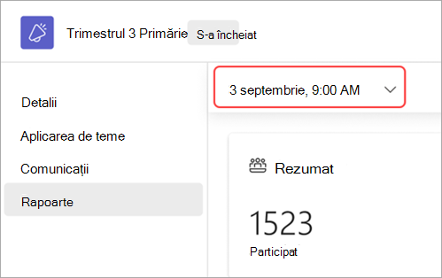 Captură de ecran care evidențiază interfața utilizator pentru modul de vizualizare a rapoartelor reuniunii generale pentru o altă dată
