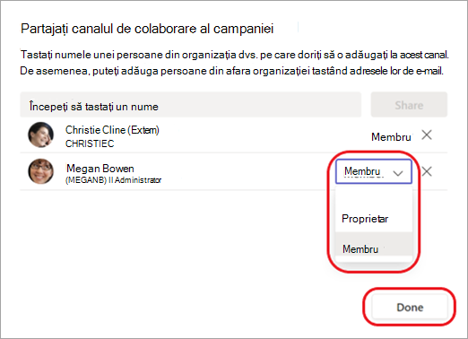 Captură de ecran care arată cum să schimbați un membru al canalului în proprietar de canal