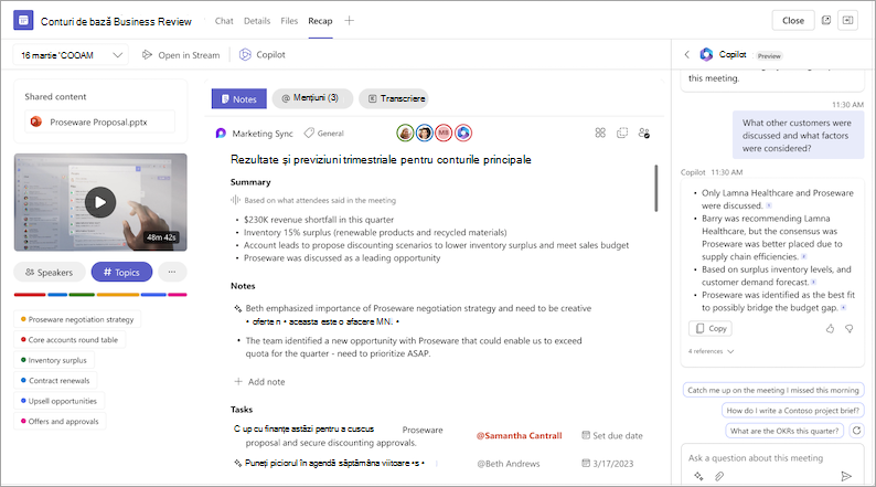 Captură de ecran afișând funcționalitatea copilot în recapitularea întâlnirii Teams