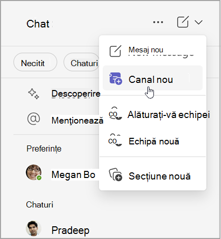 Captură de ecran a chatului Microsoft Teams, cu opțiuni pentru crearea unui mesaj nou, a unui canal nou sau a unei echipe noi. De asemenea, are opțiunea de a vă alătura unei echipe sau de a crea o secțiune nouă.