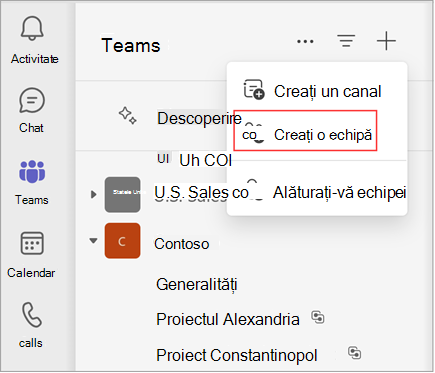 Captură de ecran a unui meniu cu opțiuni pentru crearea unui canal, crearea unei echipe sau asocierea la o echipă. Selectați Creați o echipă pentru a crea o echipă. De asemenea, afișează o listă de echipe și canale existente.