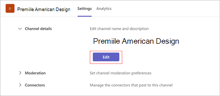 Captură de ecran a paginii de setări a canalului American Design Awards. Selectați Editați pentru a actualiza numele și descrierea canalului. De asemenea, include secțiuni pentru moderare și conectori.