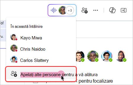 Captură de ecran care arată cum să apelați alte persoane din indicatorul în direct într-o întâlnire instantanee chat în grup.