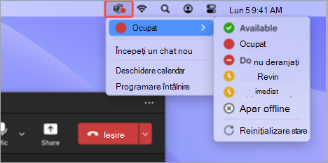 Captură de ecran afișând pictograma aplicației Teams din bara de meniu de pe Mac selectată, cu acțiunile rapide disponibile.