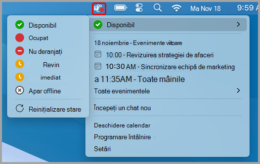 Captură de ecran afișând meniul de acțiuni rapide pentru Teams pe Mac.