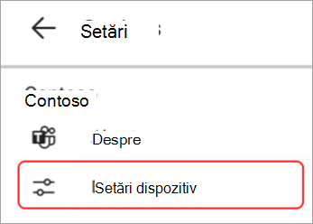Captură de ecran a interfeței utilizator cu setările dispozitivului evidențiată în Panou Teams