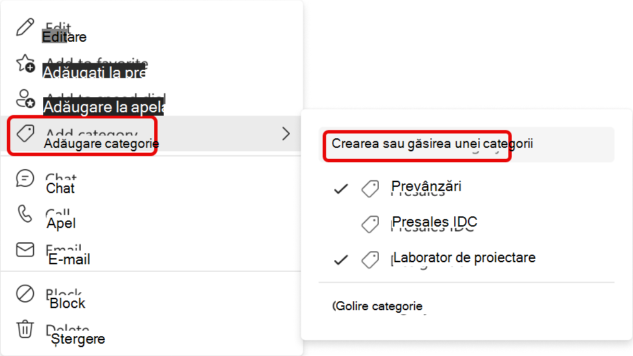 Captură de ecran a meniului Adăugare persoană de contact la categorie