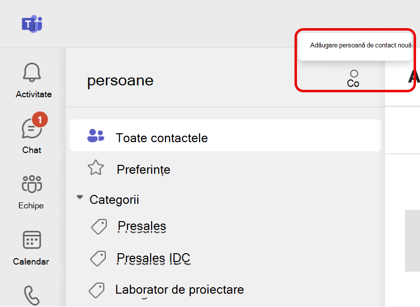 Captură de ecran a pictogramei Adăugare persoană de contact nouă din aplicația Teams People