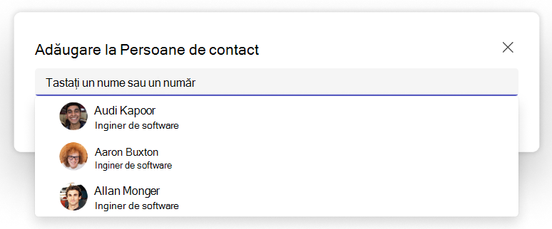 Captură de ecran a meniului vertical Adăugare la persoane de contact din aplicația Teams People
