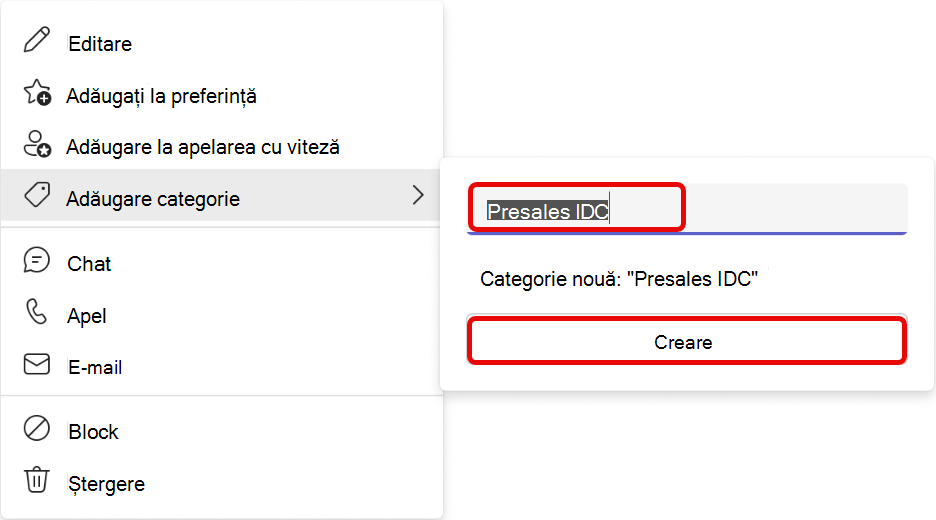 Captură de ecran a fluxului de lucru de adăugare categorie din aplicația People Teams