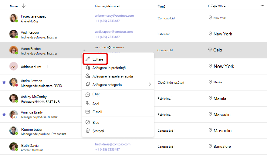 Captură de ecran a fluxului de lucru pentru a edita informațiile de contact în aplicația Teams People