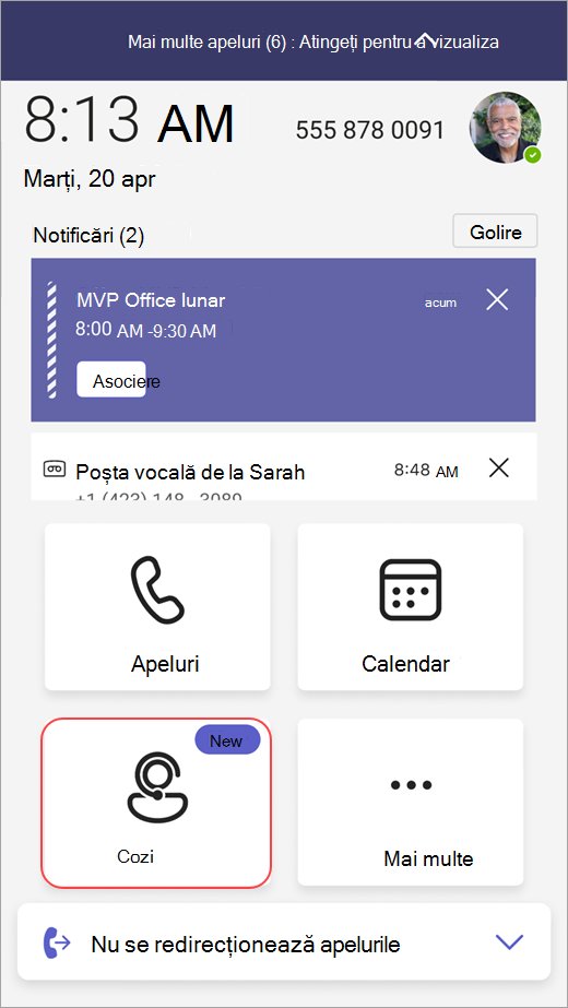 Captură de ecran afișând punctul de intrare în Cozi pe un dispozitiv de telefon Teams