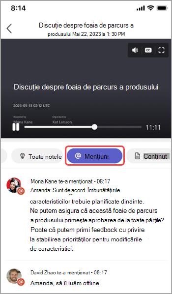 Vedeți mențiunile de nume în recapitularea întâlnirii Teams.