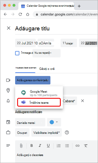 Selectați întâlnirea Teams