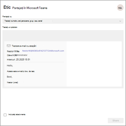Captură de ecran afișând e-mailul partajat către Teams, cu opțiuni pe care puteți să le alegeți pentru a le partaja cu o persoană, un grup sau un canal.