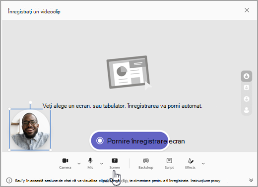 Captură de ecran a opțiunii de a începe înregistrarea ecranului în Microsoft Teams.