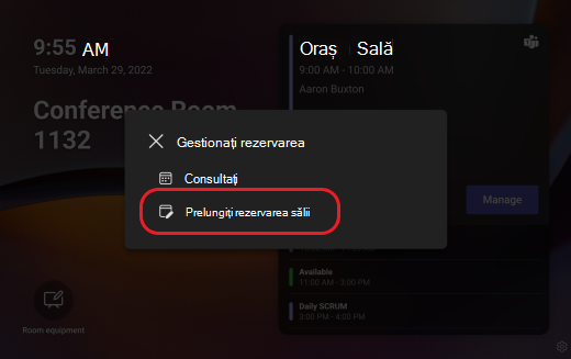 Panou Teams extindeți rezervarea sălii