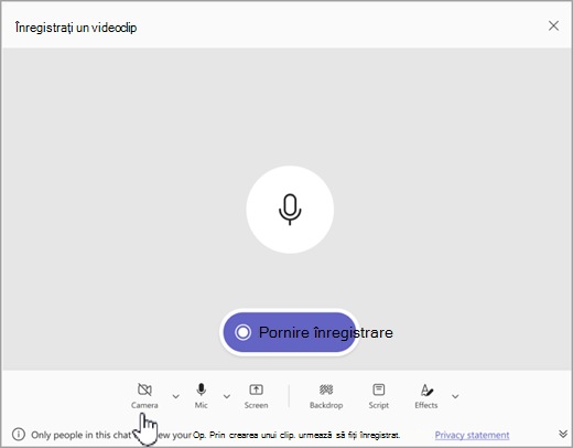 Captură de ecran a opțiunii de a înregistra un clip video doar audio în Microsoft Teams.