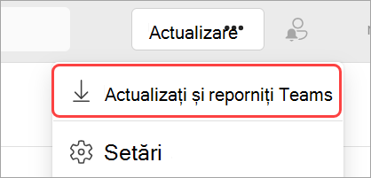 Imagine a meniului vertical Setări și altele, cu opțiunea Actualizați și reporniți Teams evidențiată.
