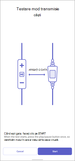 Captură de ecran a testului modului de transmisie a căștilor în Walkie Talkie, afișând butonul Start.