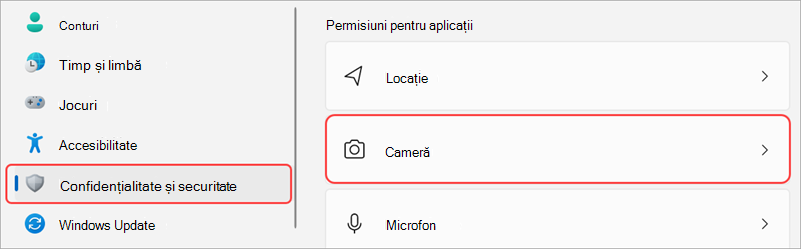 Setări Windows cu interfața utilizator cameră evidențiată.