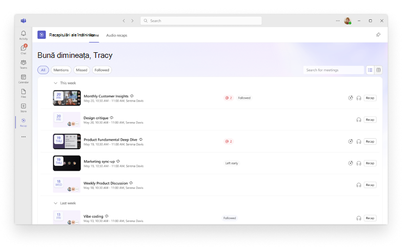Captură de ecran care arată aplicația Recapitulări întâlniri deschisă în Microsoft Teams, cu o colecție de recapitulări anterioare ale întâlnirilor.