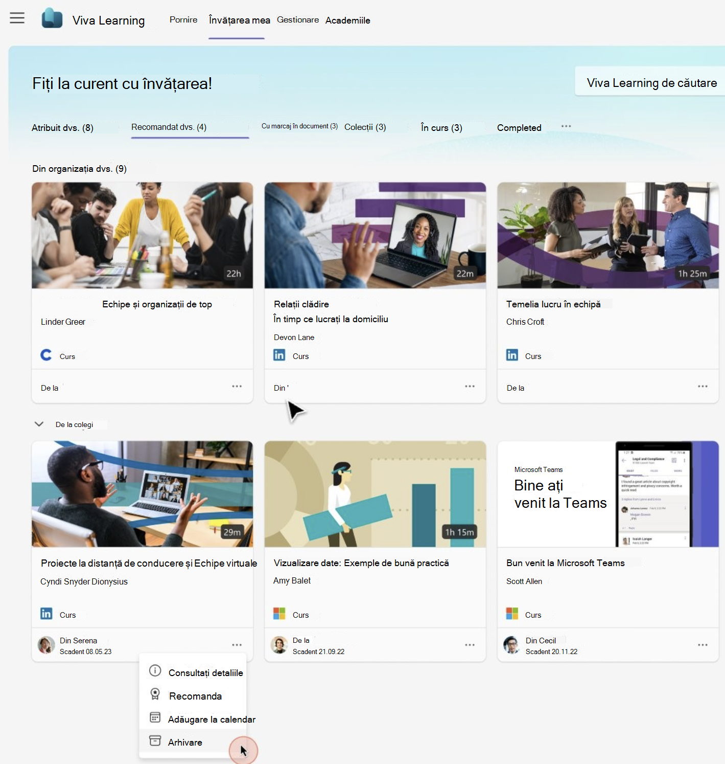 o captură de ecran a filei Recomandate pentru dvs. cu un curs recomandat de colegii dvs. Există o opțiune de arhivare.