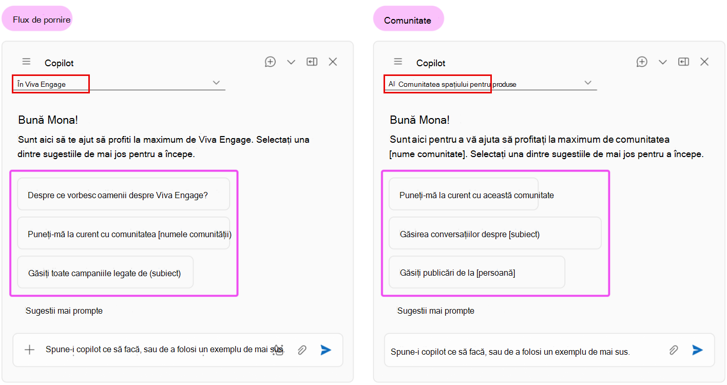 Contextul afectează ceea ce Copilot vă oferă pentru interogările implicite.