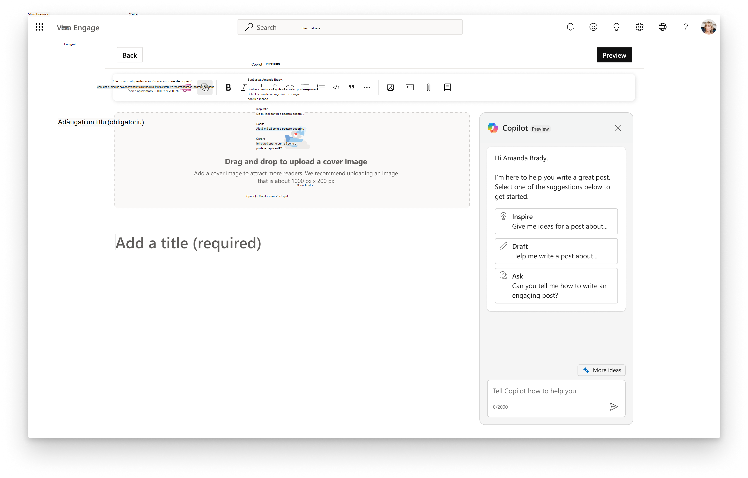 Captura de ecran arată cum puteți utiliza Copilot în editorul articolului.