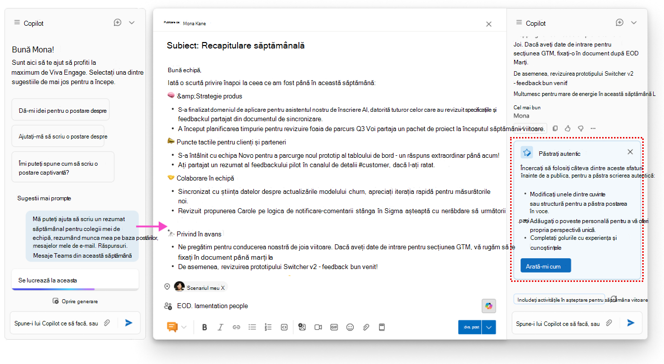 Asistența la scriere Copilot vă poate oferi indicii stilistice și practice pentru a vă consolida abordarea față de comunicările și răspunsurile importante de grup