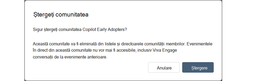 Captură de ecran a casetei de dialog pentru ștergerea unei comunități Engage, sub Setări.