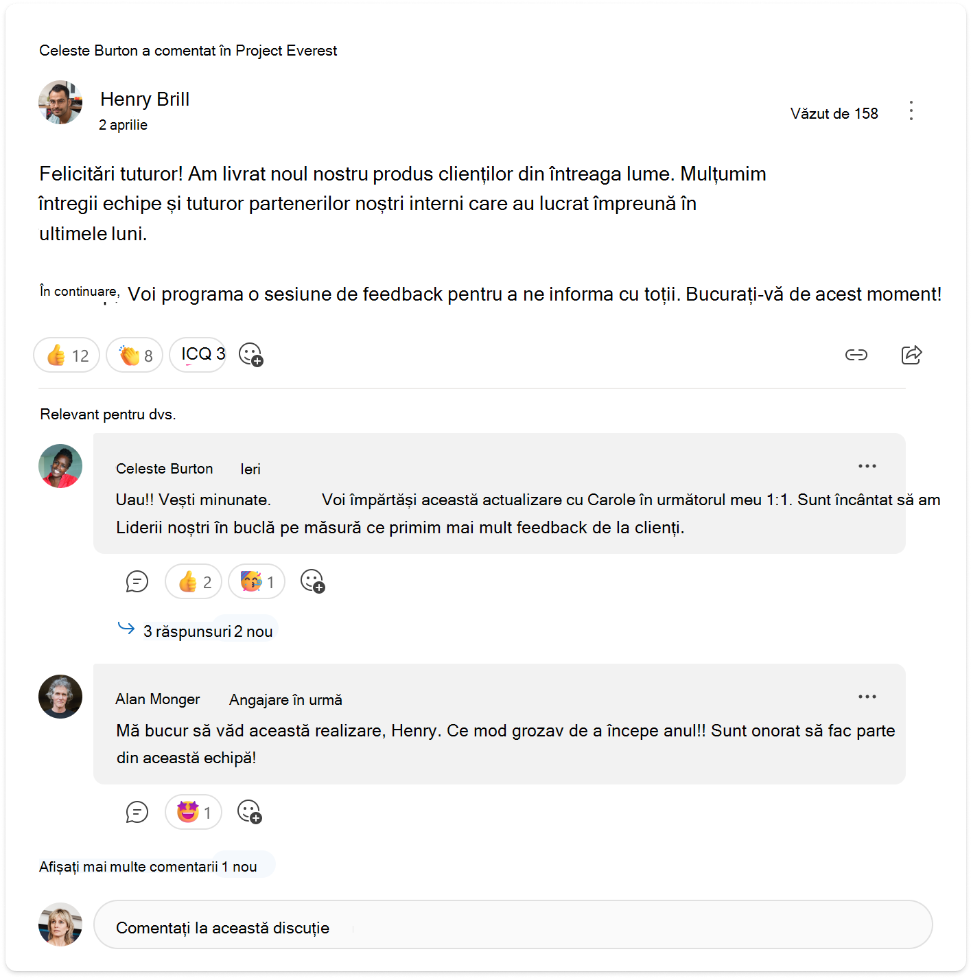 O conversație care afișează vizualizarea relevant pentru dvs. a două comentarii din fișa de conversație Engage.