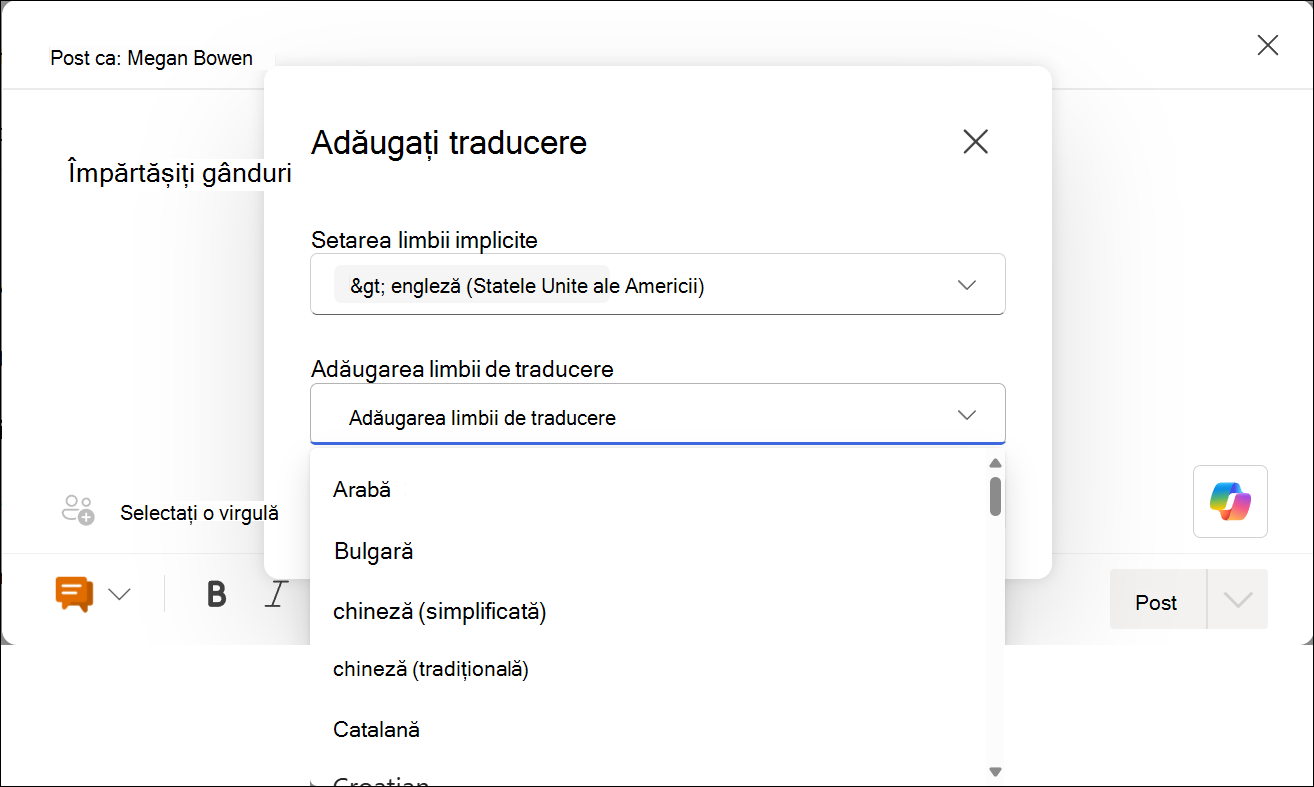 Captură de ecran a selectorului vertical de limbă pentru configurarea setului de traduceri