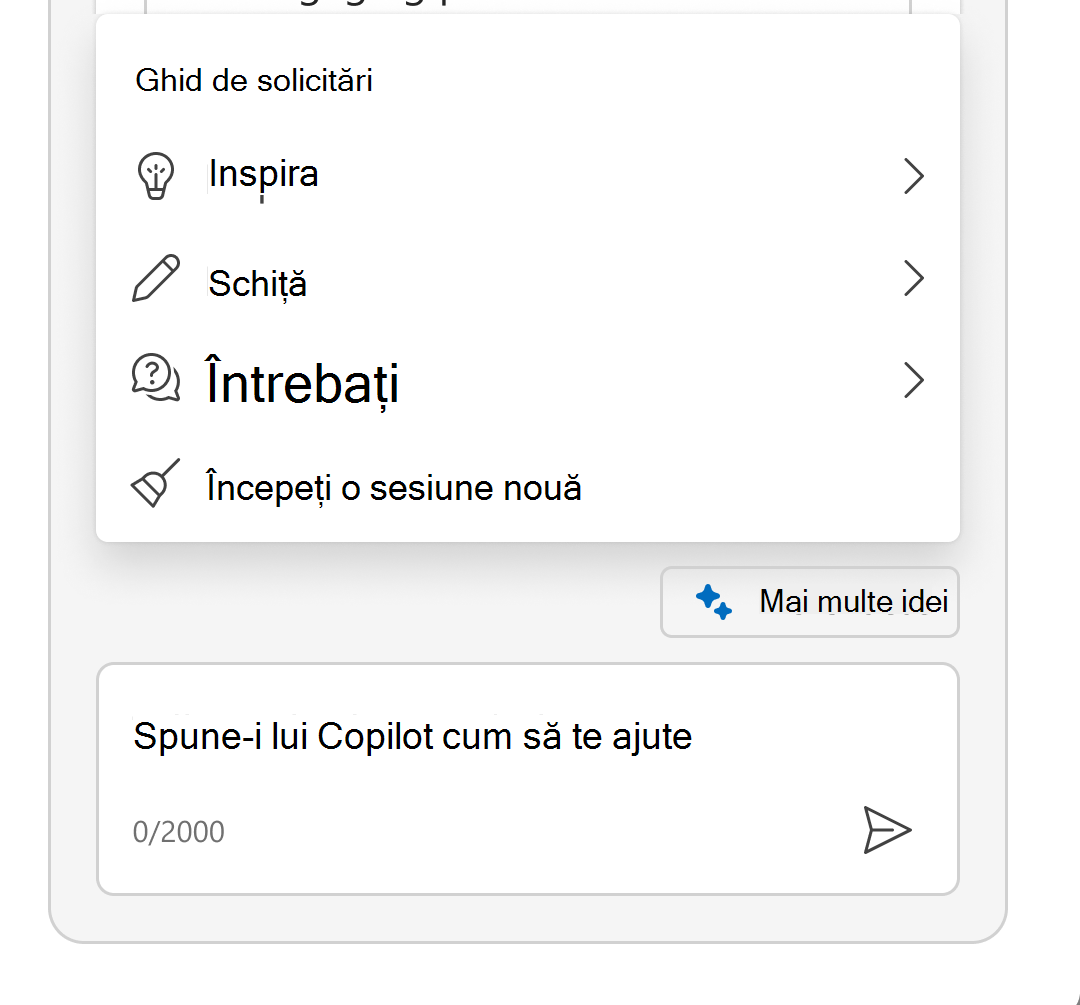 Captura de ecran afișează meniul Sparkle extins pentru a afișa Ghidul de solicitare.