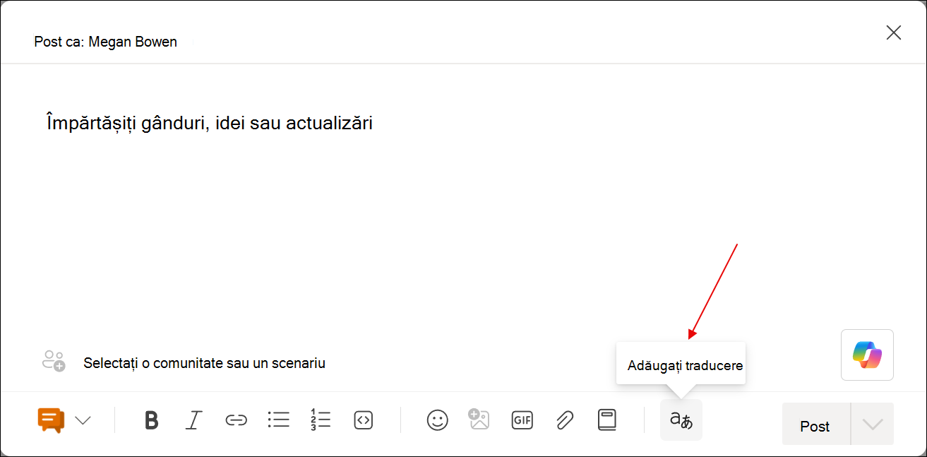 Captură de ecran a dialogului de creare a postării cu instrumentul Adăugați traduceri