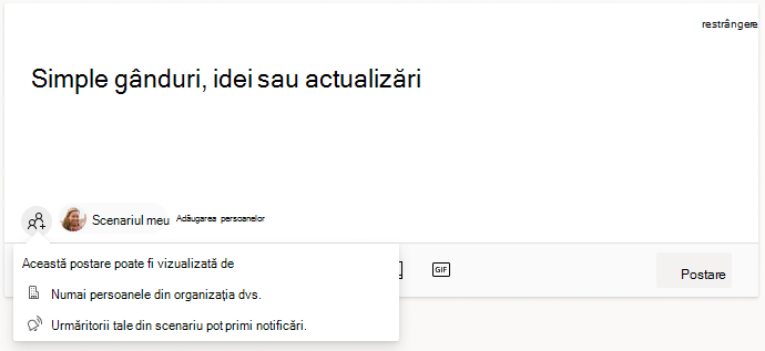 Interfață pentru adăugarea persoanelor la postarea scenariului în Viva Engage