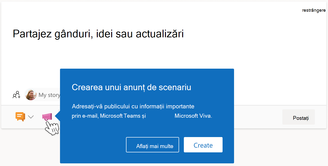 Imagine a barei informative sub un anunț de scenariu în Viva Engage