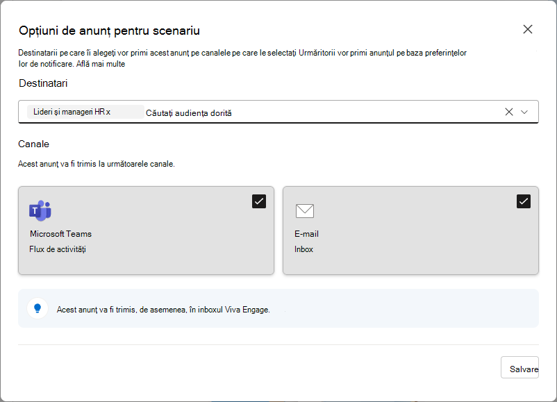 Imagine cu setarea de anunțuri a scenariului disponibilă liderilor cu un public în Viva Engage