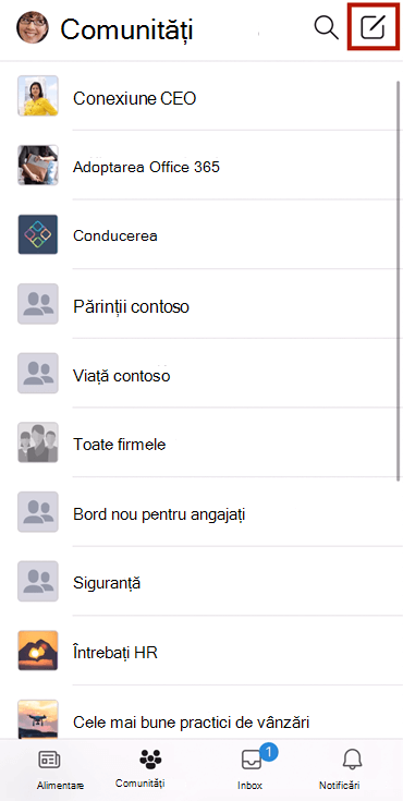 Captură de ecran afișând compunerea unei conversații într-o comunitate Yammer cu aplicația mobilă