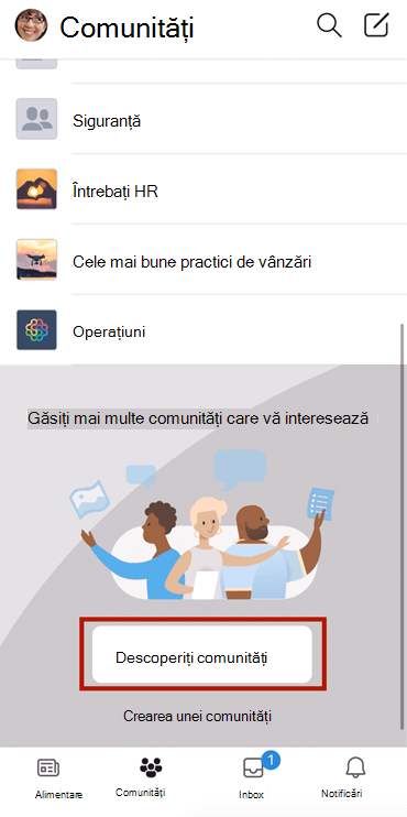 Captură de ecran afișând găsirea comunităților Yammer pe dispozitive mobile cu selecție