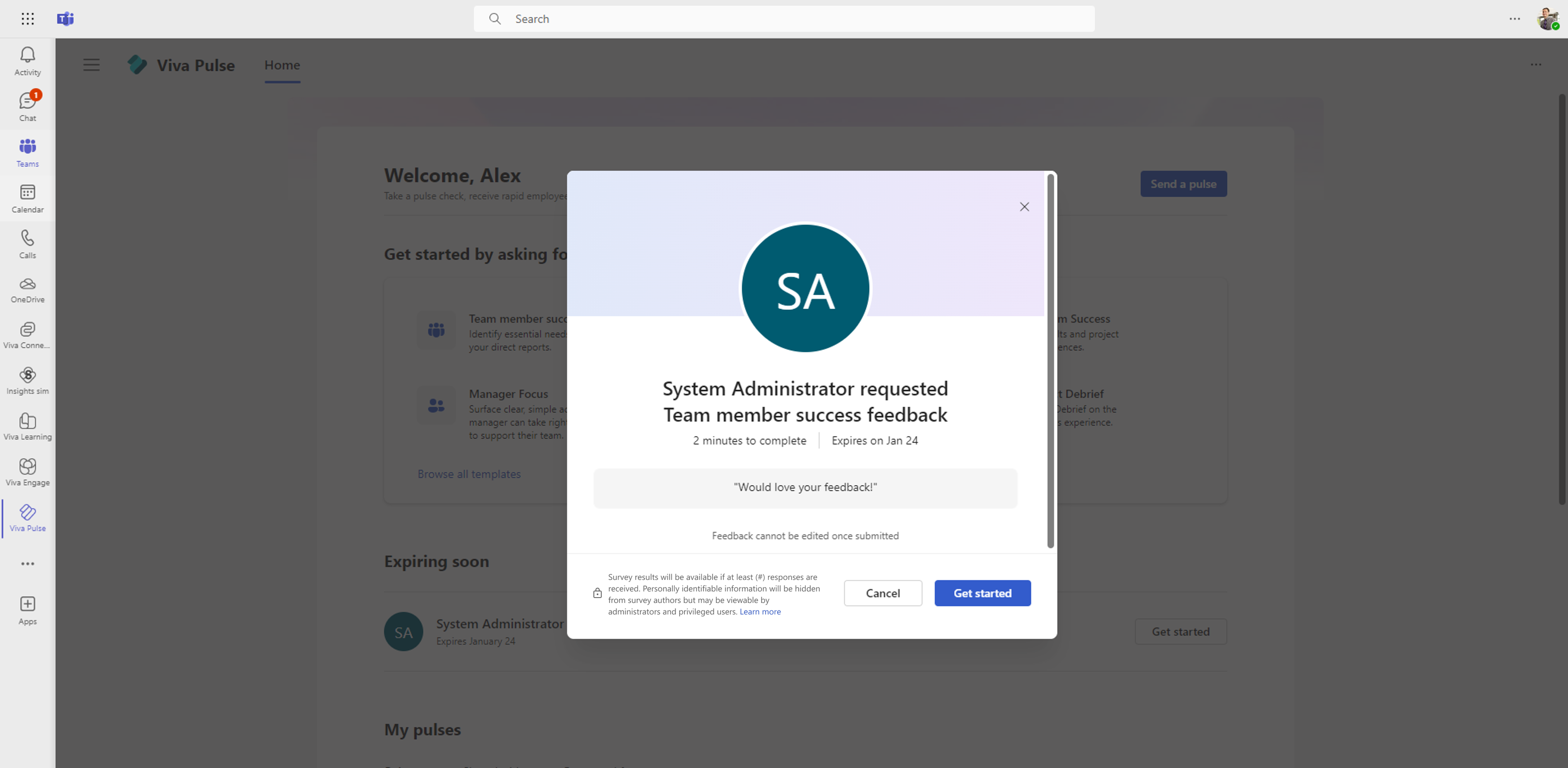 Notificare flux de activitate Teams pentru un utilizator