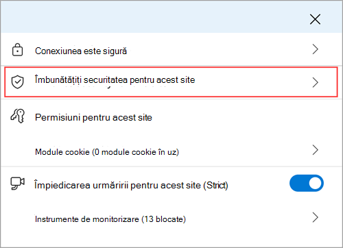 Meniul Informații site Microsoft Edge afișând caracteristica Îmbunătățiți securitatea pentru acest site.