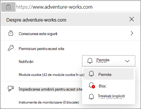 Imagine afișând permisiunile Notificări în bara de adrese a browserului Edges.