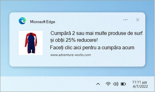 Un exemplu de notificare de site web în Centrul de notificare.